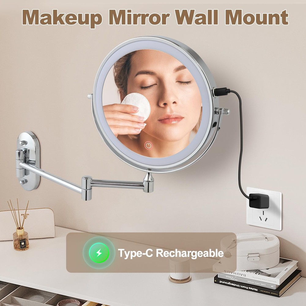 Rechargeable Lighted Wall Mounted Makeup Mirror 8" 20X Double-Sided | Dimma