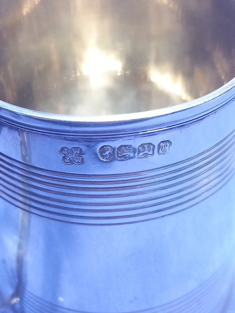 1856 Exeter Sterling Silver Christening Mug Lined Pattern Josiah Williams