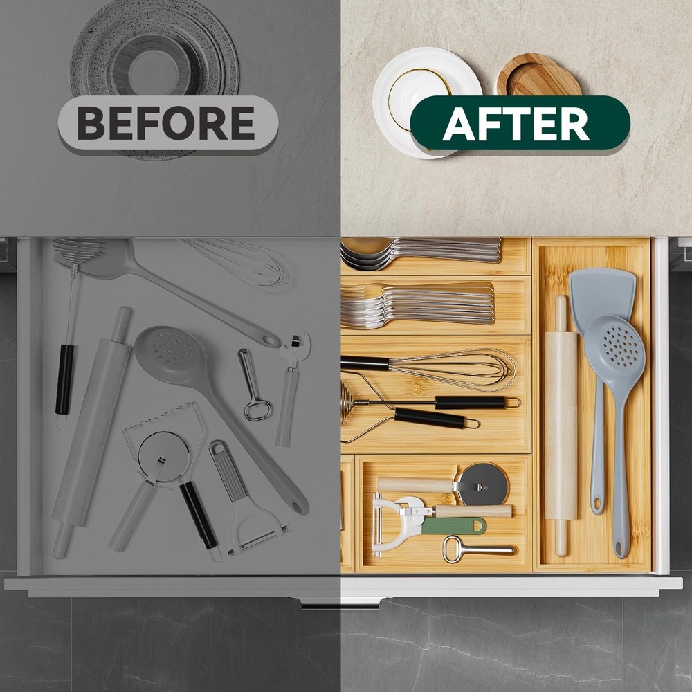 Bamboo Kitchen Drawer Organizer, Stackable Utensil Holder Silverware Organize...
