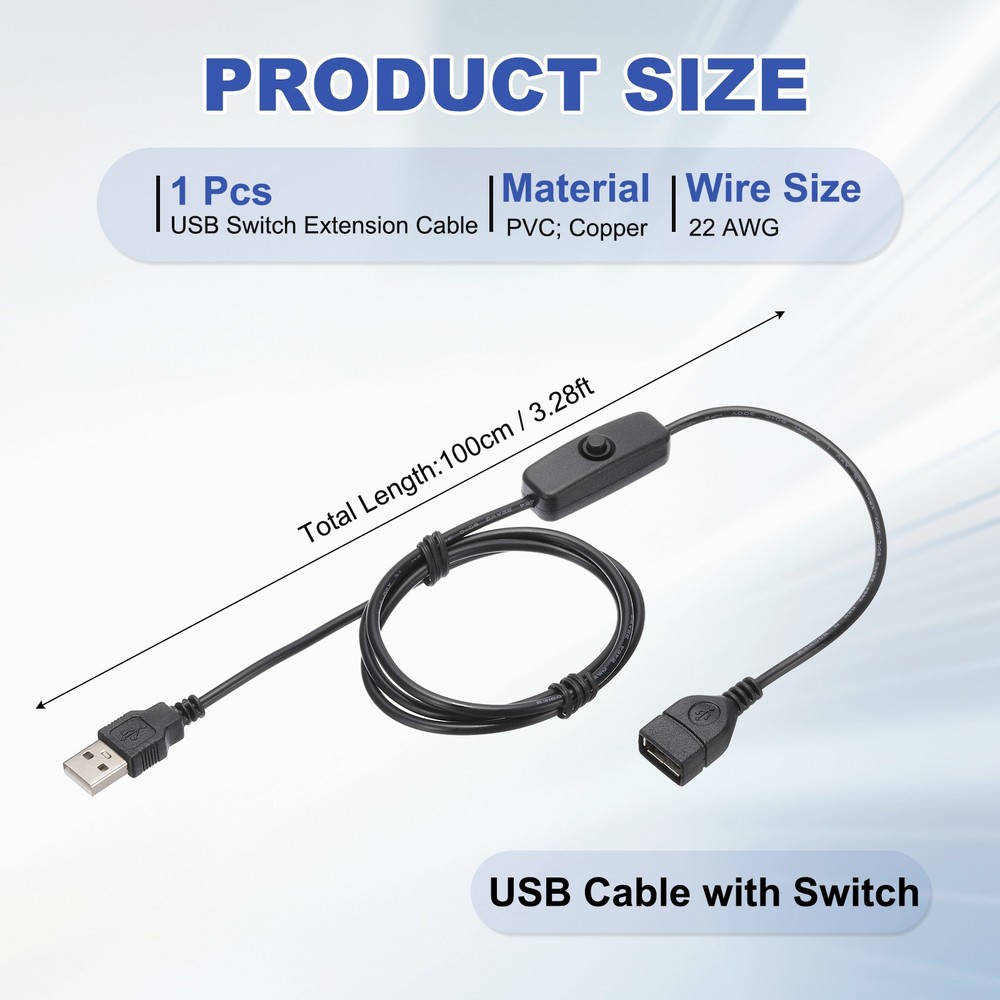 3.28ft USB Extension Cable with Switch 1pcs Button Switch Power Data Cable Black