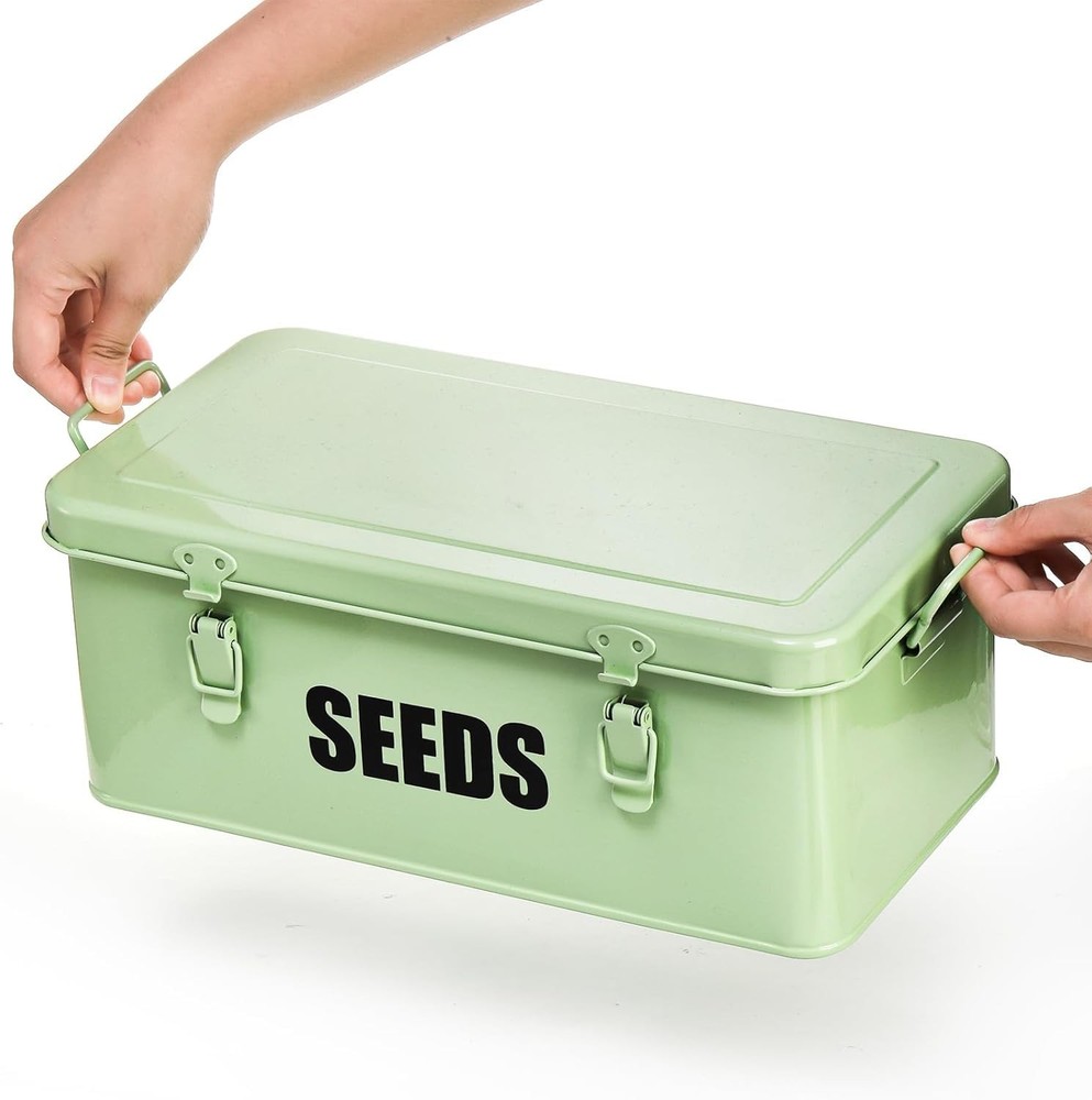 Seed Storage Organizer Box with 4 Compartments, Large Metal Seed Packet Conta...