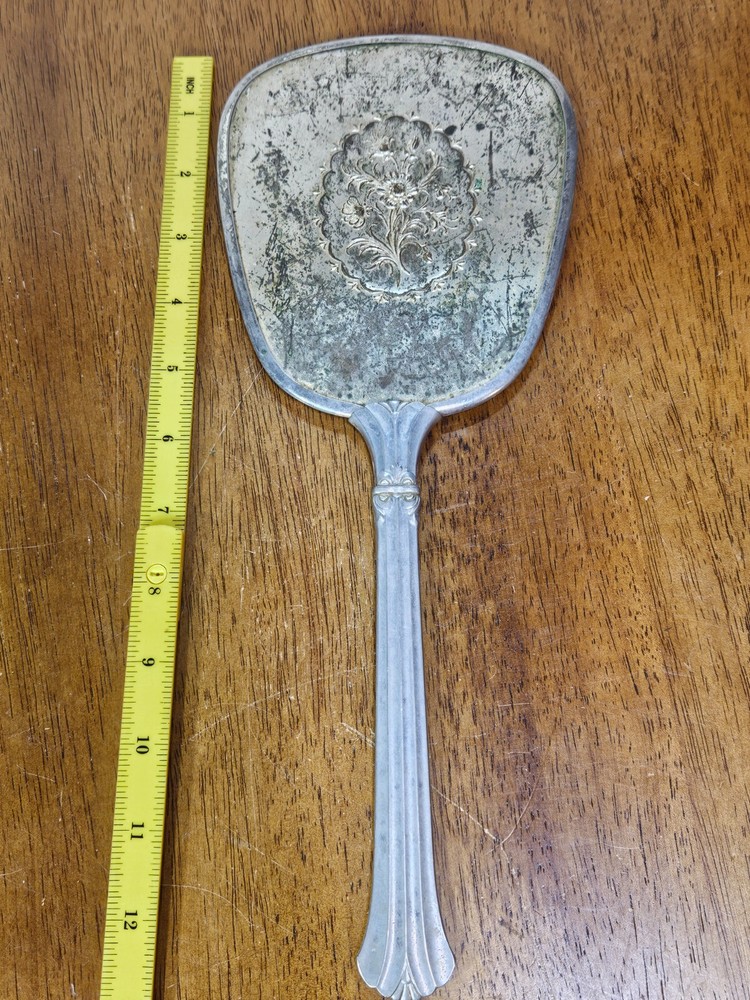 Vintage Hand Held Vanity Mirror Silver Flower Design 13”