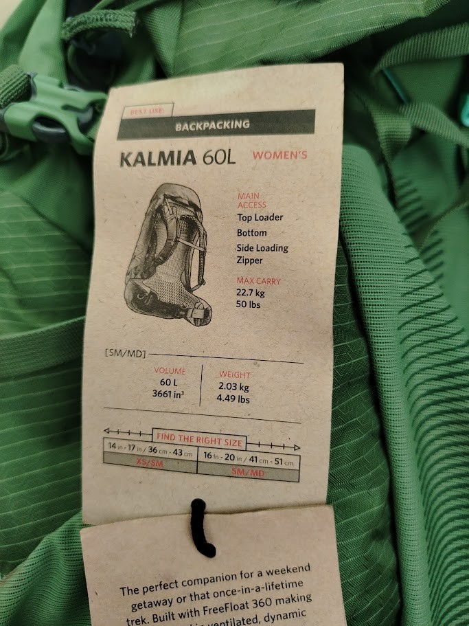 Gregory Kalmia 60L Women's Backpacking Pack Ventilated Backpanel Bladder ready