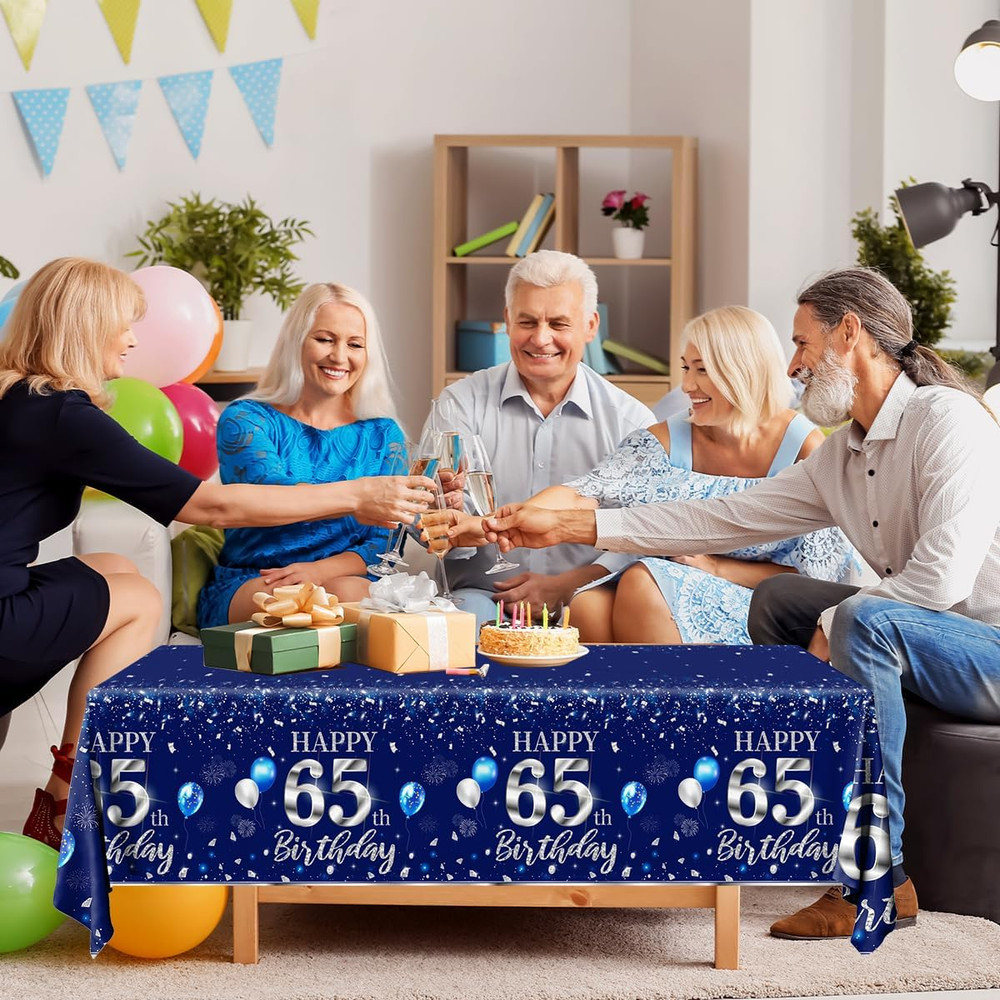 3Pcs 65th Birthday Tablecloth Decorations Sliver and Blue Table Cover Plastic 65