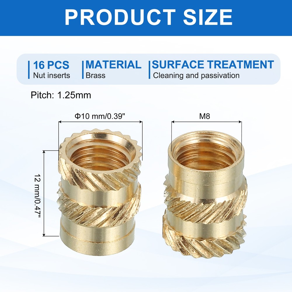 16 Pcs Threaded Inserts, M8 Brass Heat Set Insert for Plastic, M8x10x12mm