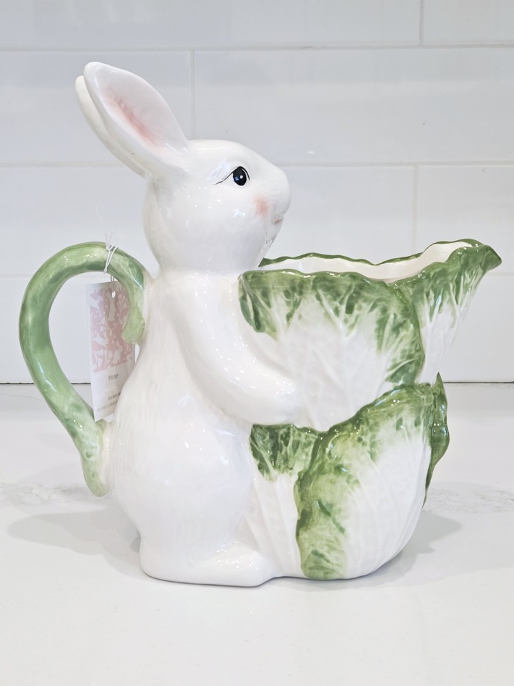 Hopper's Lane Easter Bunny Pitcher Cabbage Leaf Ceramic 9.5in