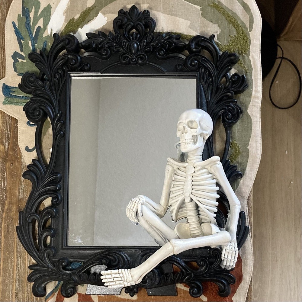 Skeleton Mirror | Halloween Gothic Decor | Ornate Black Framed Mirror