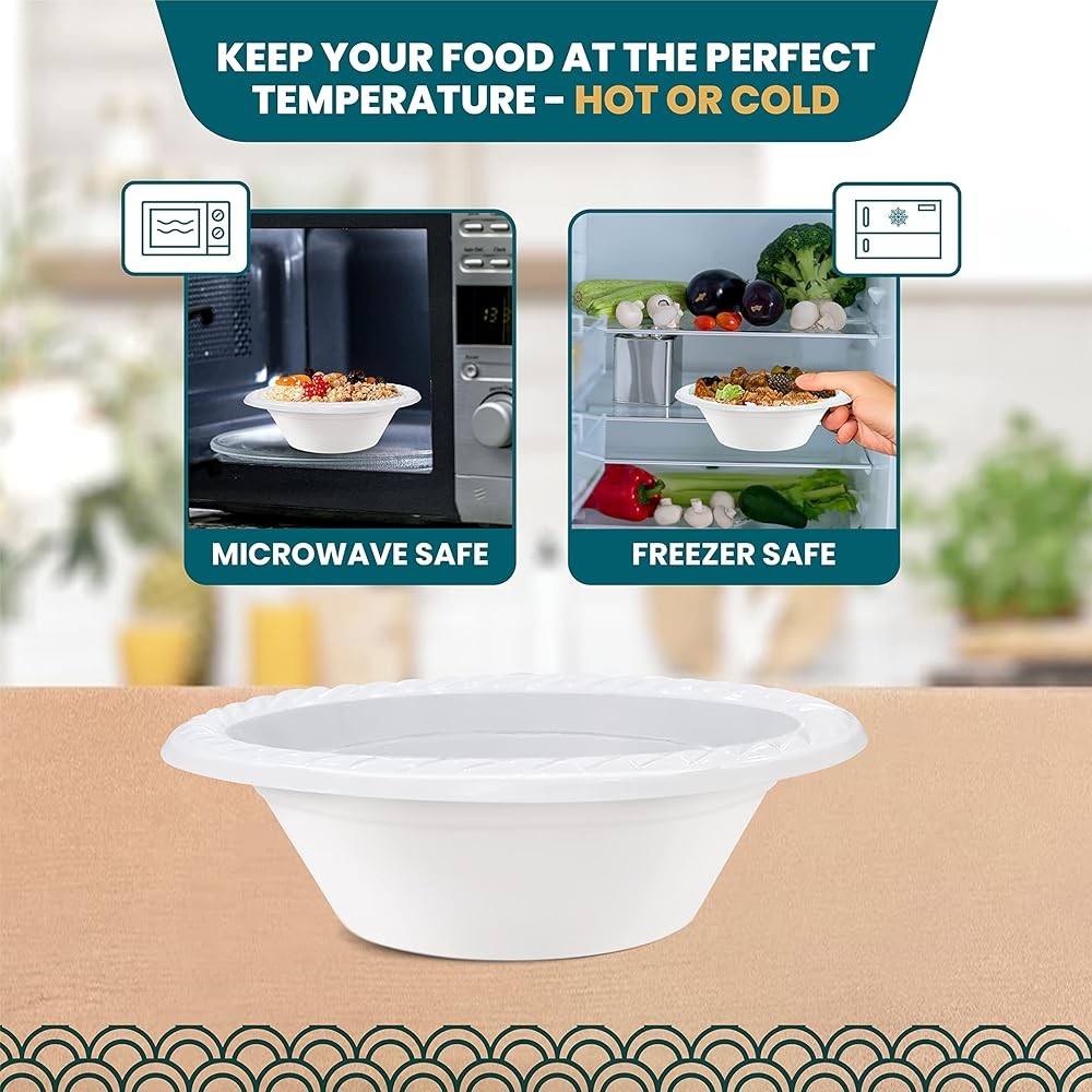 White Plastic Bowls - Microwavable Disposable Bowls - Strong Heavy