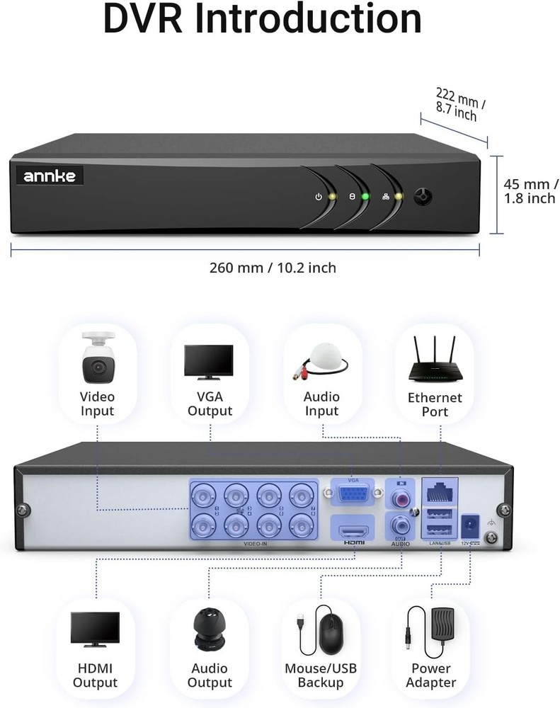 8CH Hybrid DVR Recorder with AI Detection, Remote Access