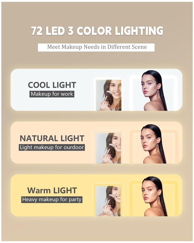 Rechargeable LED Makeup Mirror with Touch Screen, 3 Light Colors, Compact Size