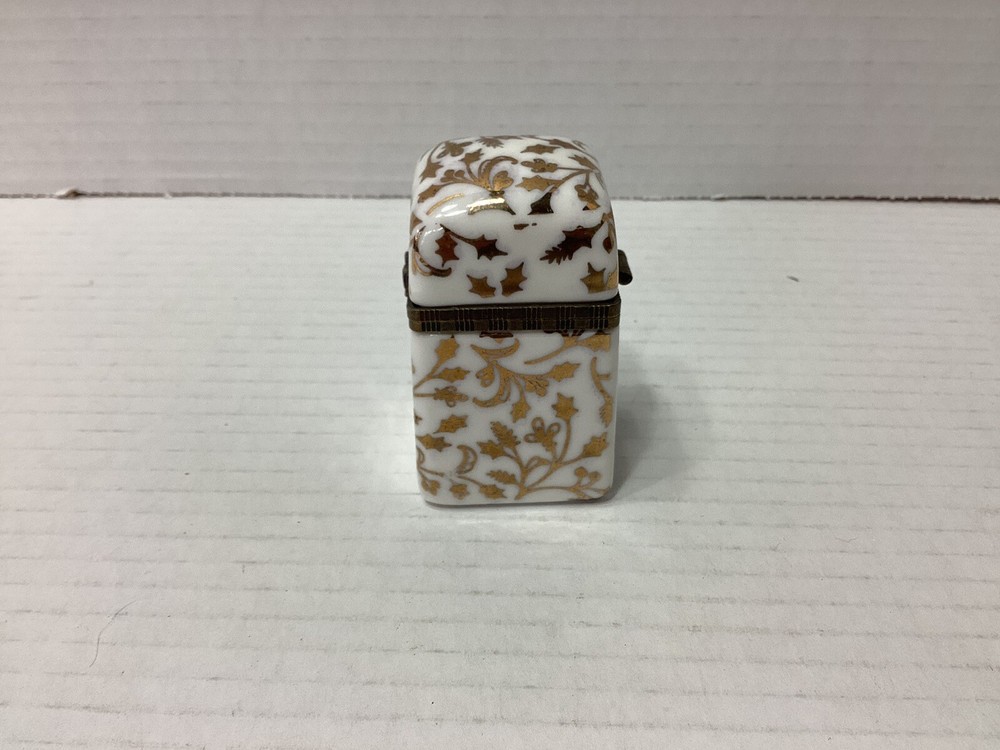 White Ceramic Rectangular Trinket Box Gold Vine Design