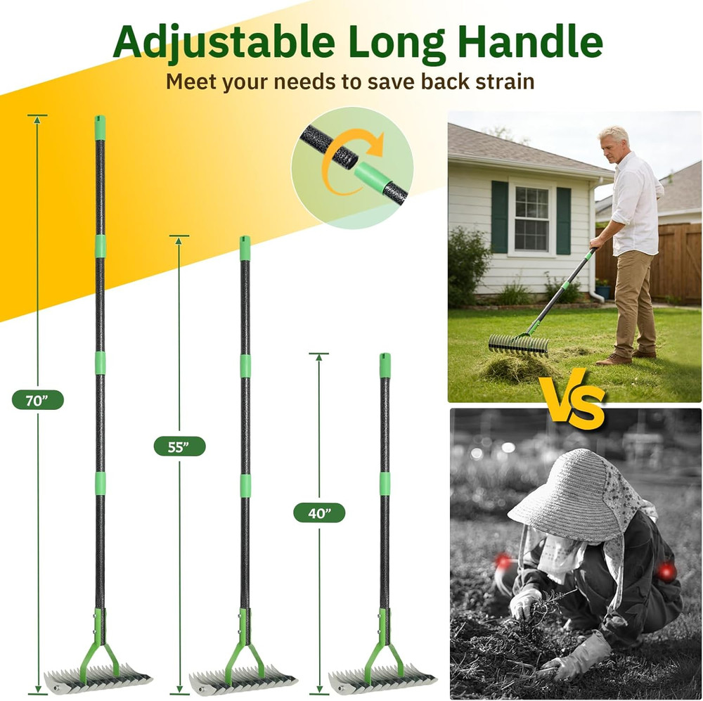 Thatch Rake, 13" Wide Efficient Dethatcher Rake with 70" Adjustable Long Handle,