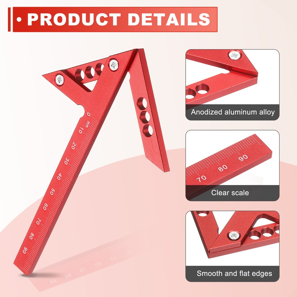 Metric 3D Measuring Ruler Woodworking Square Protractor, Red