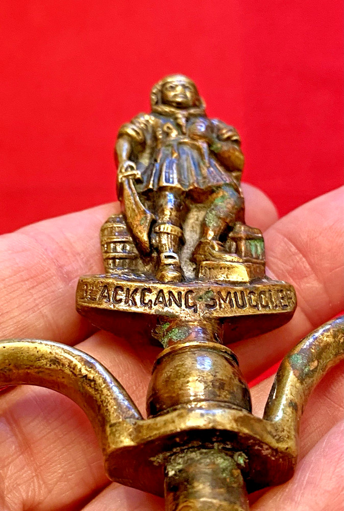 Antique Brass BLACK GANG SMUGGLER Figural 2 Sided CORKSCREW 2 Finger Pull UK