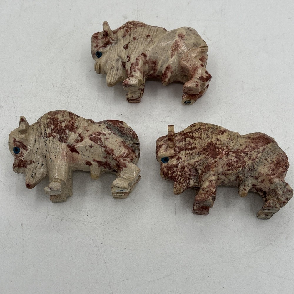 3 Soapstone Buffalo Hand Carved