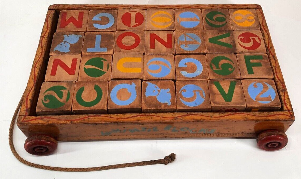 Vintage Whimsie Blocks Full Size 28 Blocks In Pull Wagon