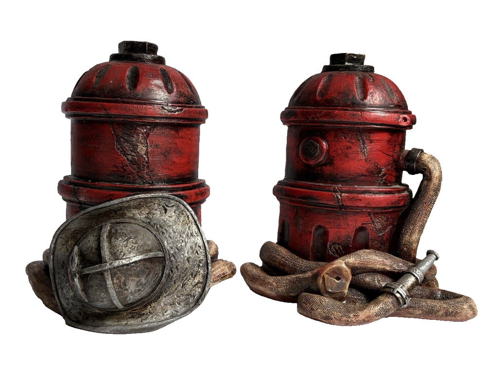 Bookends for Fireman, Red Fire Hydrant wrapped with Hose & FM hat, 6"tall