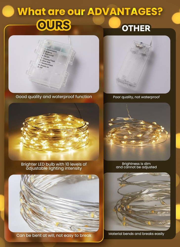 100LED Warm White Waterproof String Lights Timer Remote Control 33ft Fairy Li...