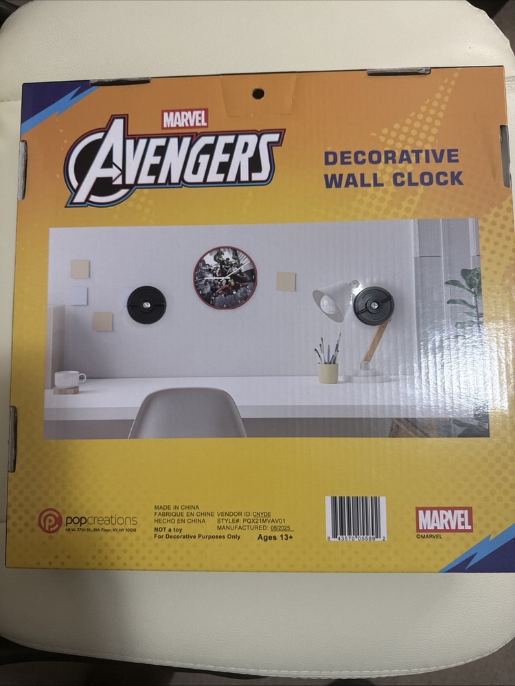 12 Inch Marvel Clock Battery Operated Featuring Avengers, Hulk, Thor, Cpt Ameri