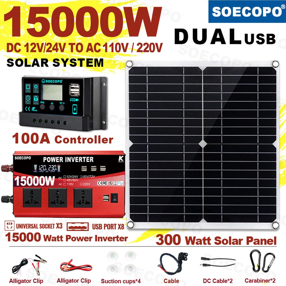 SOECOPO 15000W Complete Solar Power Kit | 300W Panel +  Controller + Inverter