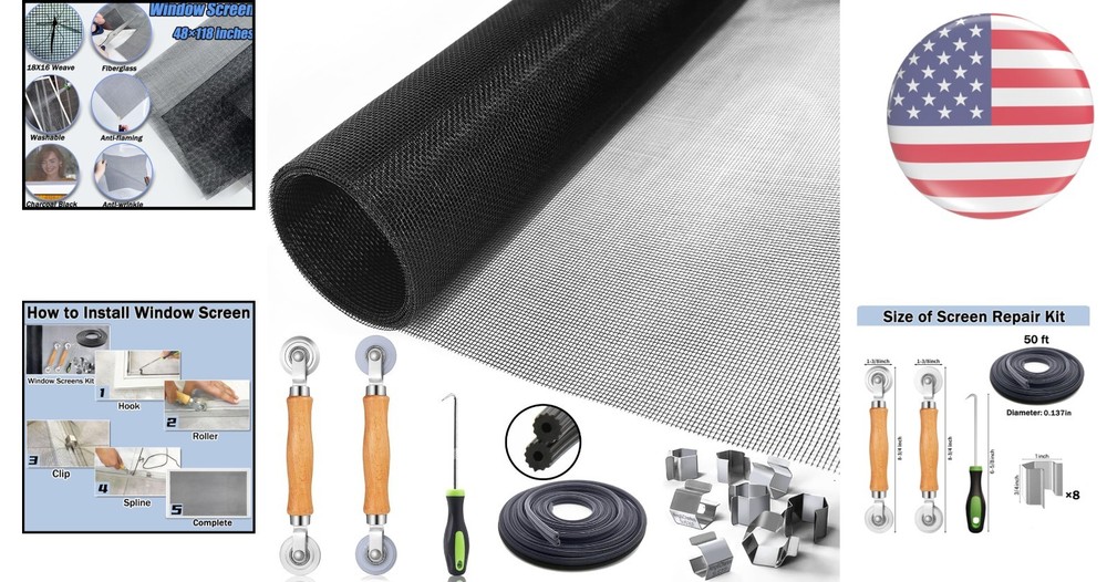 Deluxe Window Screen Replacement Kit 48"x118" - Mesh, Rollers & Tools Included