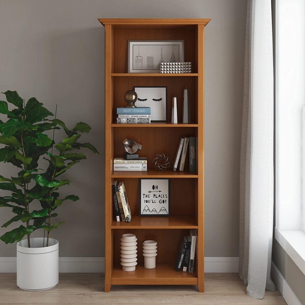 SIMPLIHOME Amherst SOLID WOOD 30 Inch Transitional 5 Shelf Bookcase in Light