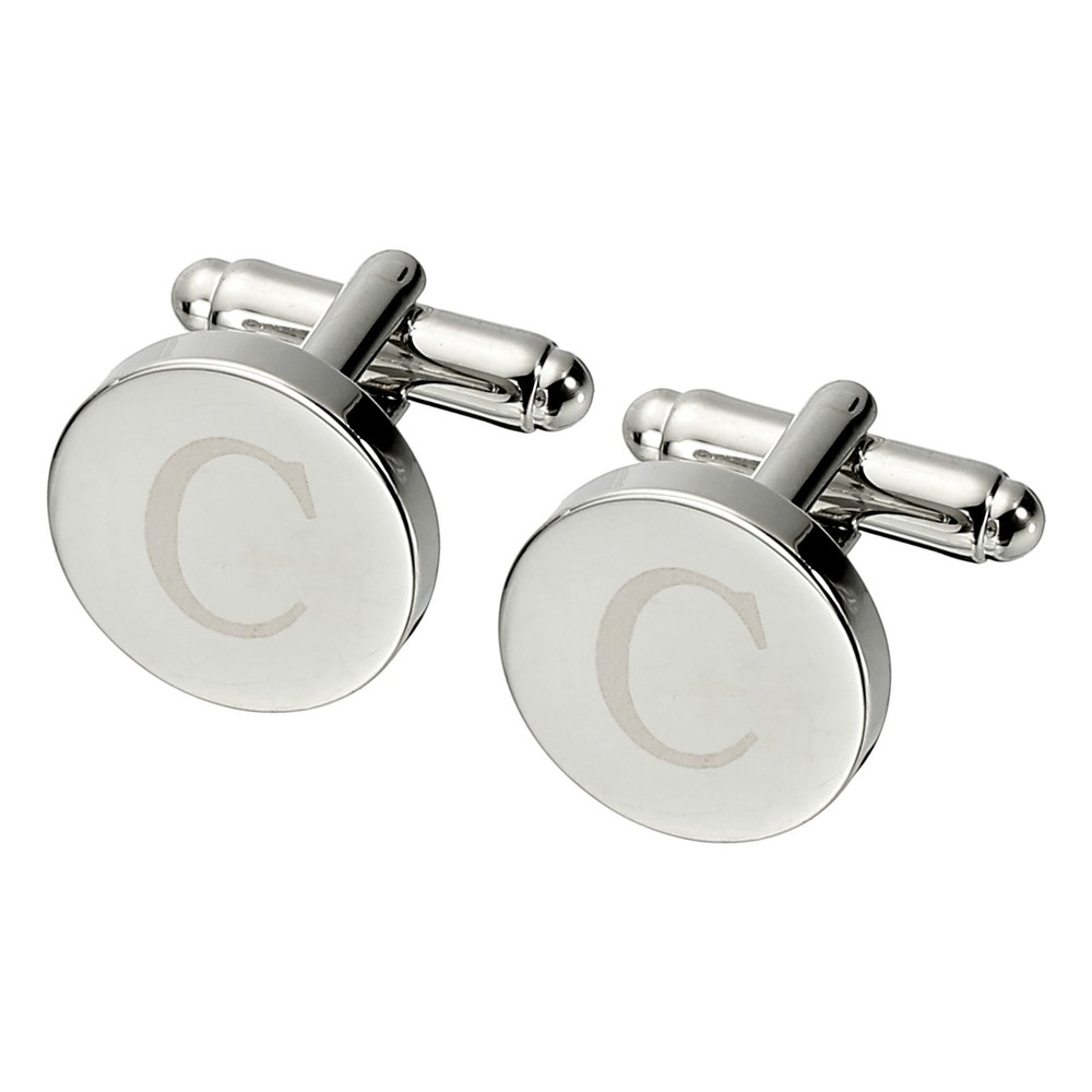 Initial Cufflinks, Alphabet Letter C Copper Round Men Cuff Links, Silver