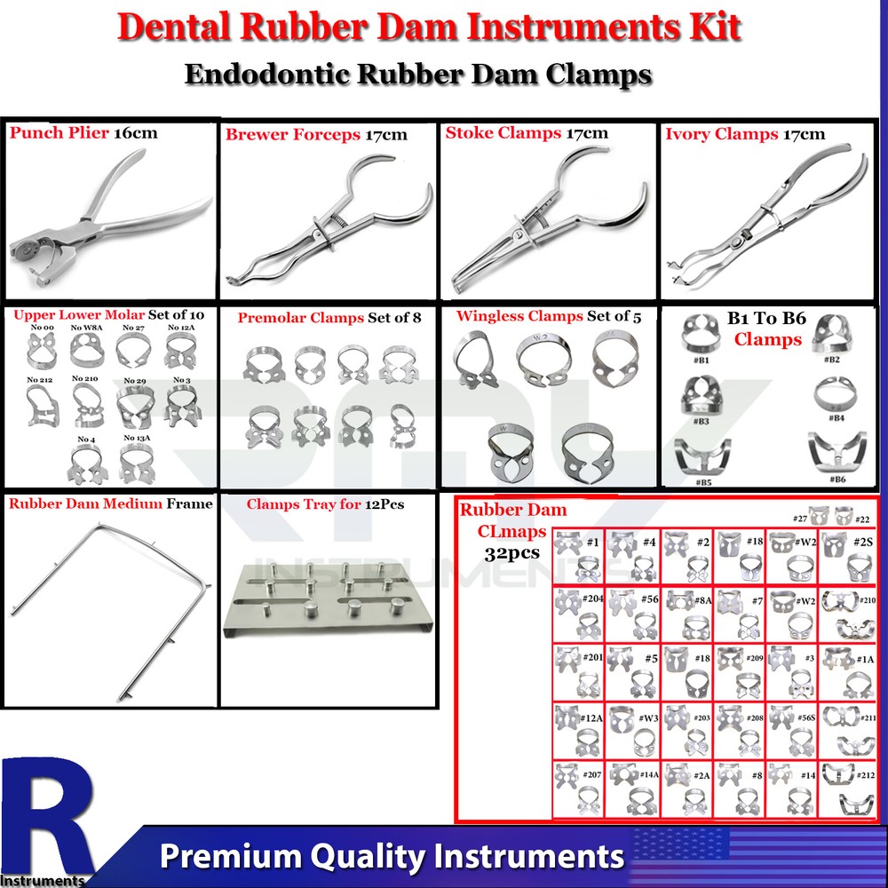 Dental Rubber Dam Instruments Kit Brinker Clamps Punch Forceps Frame Endo Lab