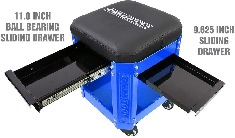 Blue Black Work Stool Rolling Toolbox Seat Shop Storage Creeper Mechanics Garage