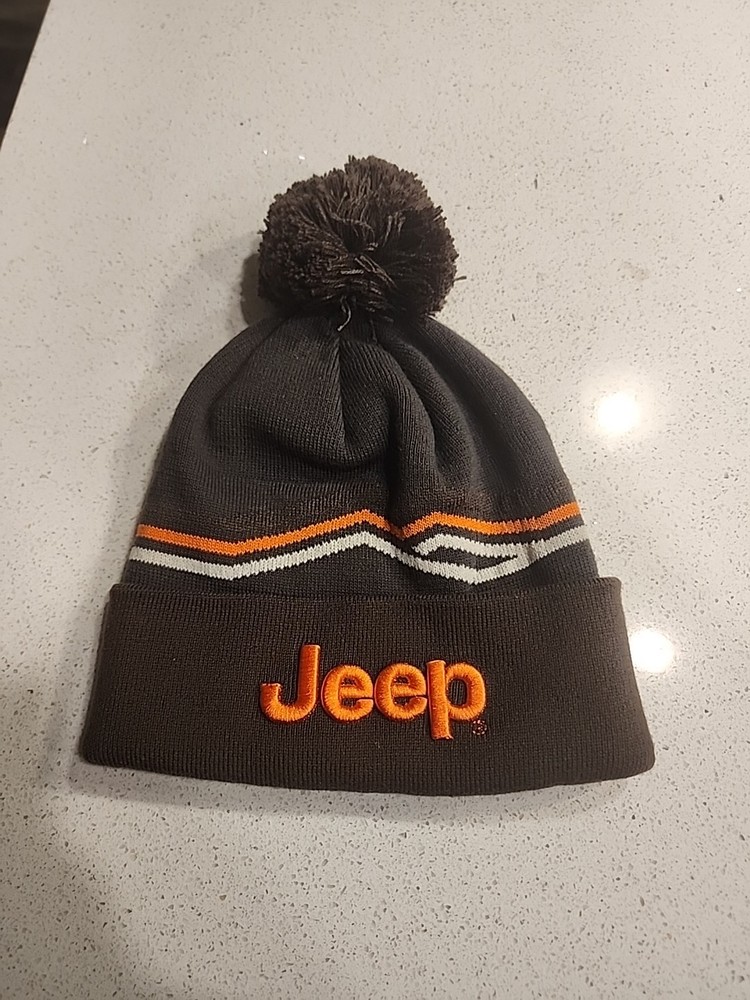 JEEP BEANIE CAP/HAT BROWN Stripe Pom Soft