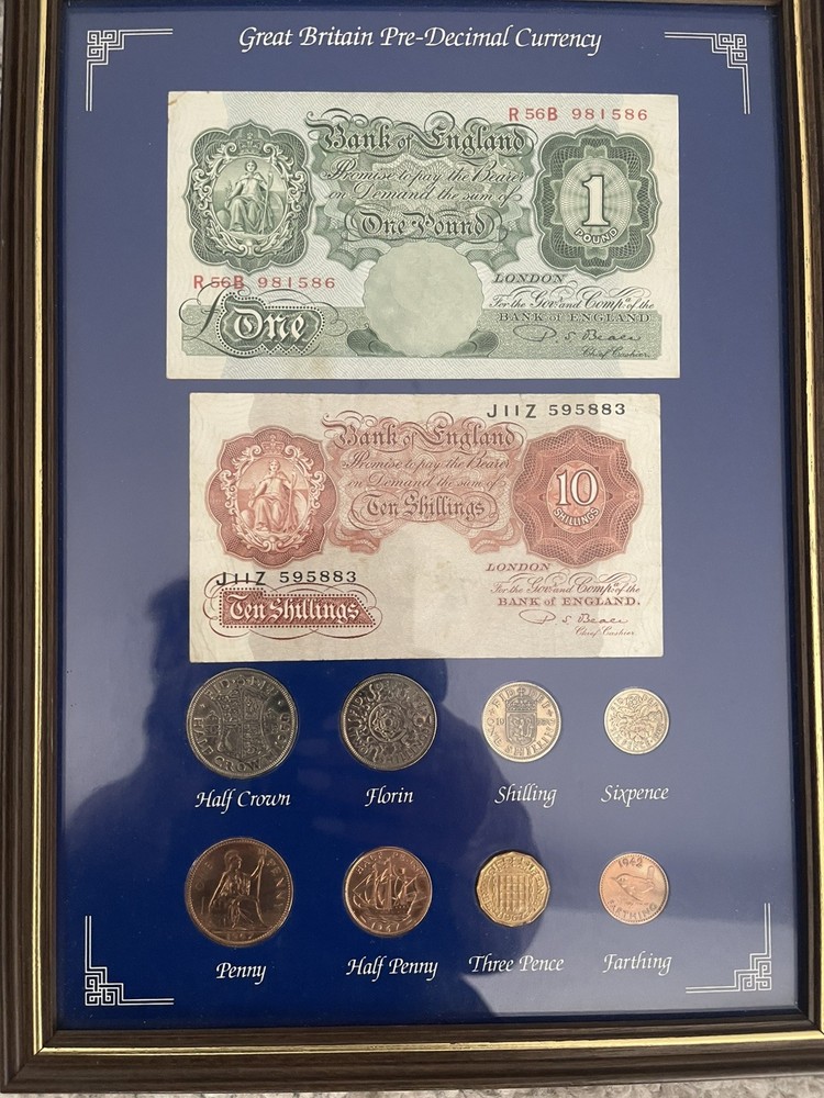 British Pre-Decimal Currency, Coins & Notes, Framed
