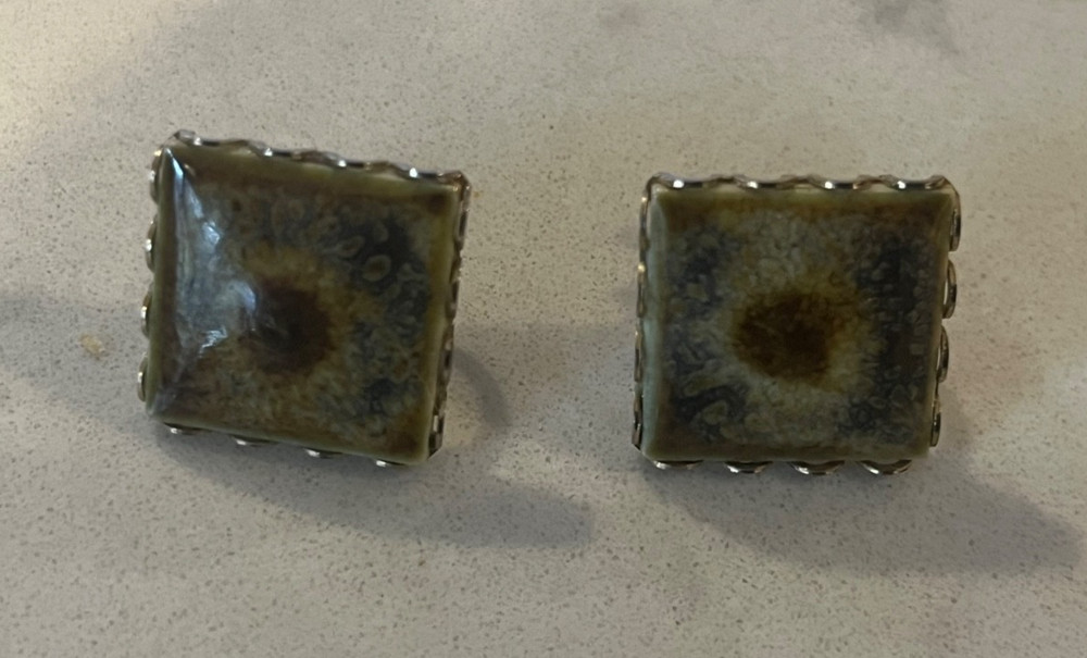 Green & Brown Glazed Ceramic Square Screw Back Earrings Set Vtg