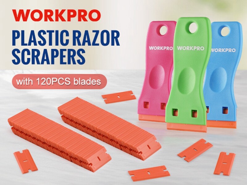 WORKPRO Plastic Razor Blade Scraper 3-Piece with 120 Pcs Plastic Razor Blades