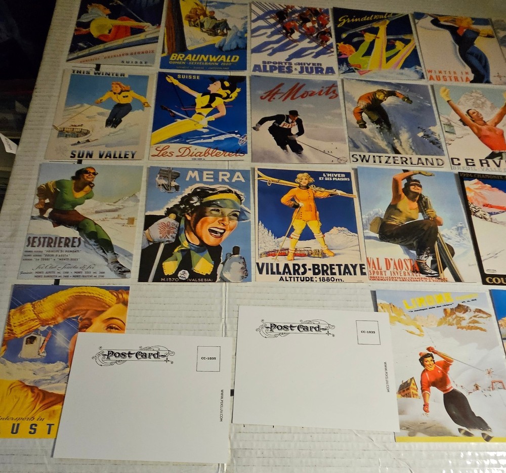 24 Different SKI RELATED RETRO POST CARDS. MINT.