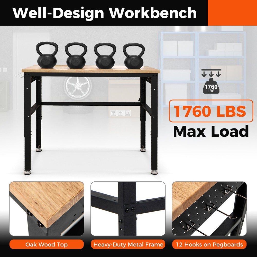 48" Adjustable Workbench w/ Power Outlet Universal Lockable Wheels Workshop
