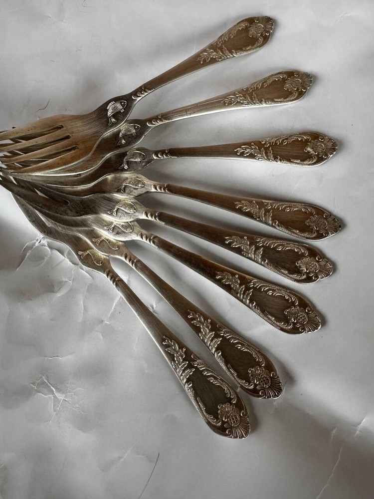 Silver plated FISH FORK 6.89", cutlery cupronickel USSR 8 pcs.