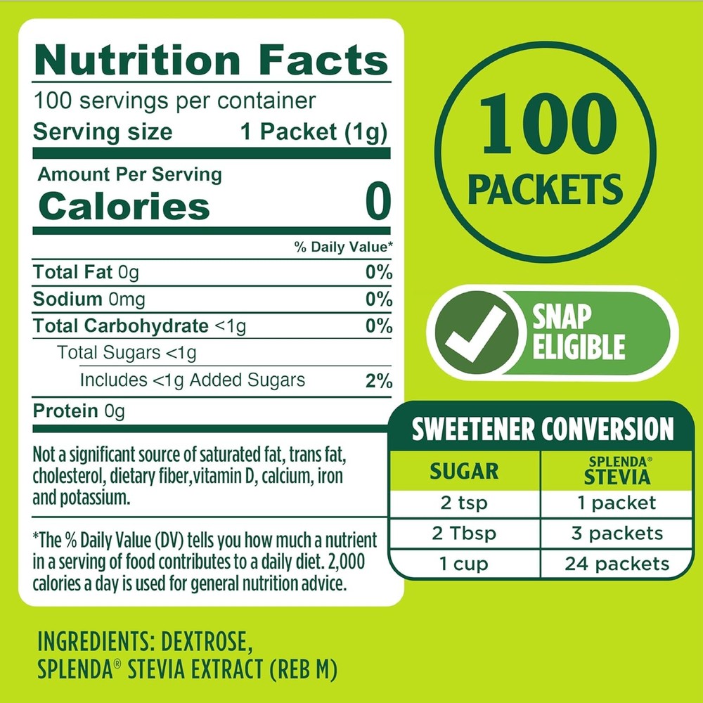 SPLENDA Stevia Zero Calorie Sweetener Packets - 100 Count, Sugar Substitutes
