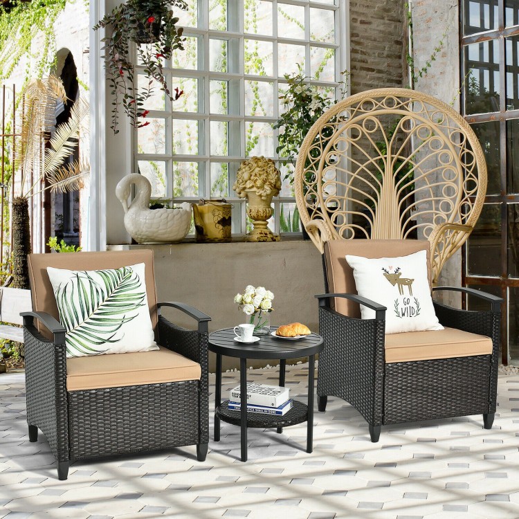 3pcs Outdoor PE Rattan Sofa Set Cushioned Sofas + Storage Table w/ Shelf