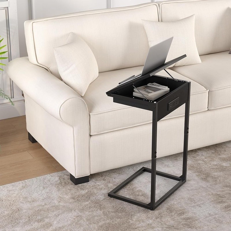 C Shaped Side Table Set W/ Charging Station Adjustable Flip Top Small Spaces New