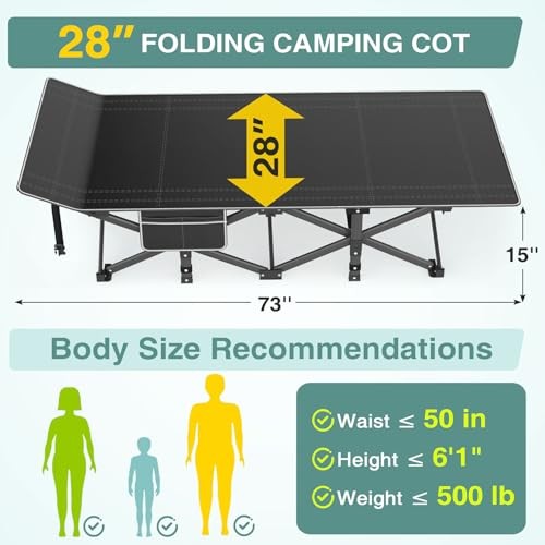 Camping Cot for Adults, Heavy Black Frame + Black Cushion Basic - 75x28x15"
