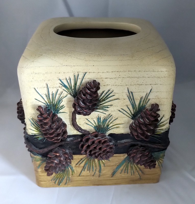 Hand Painted Pinecone Tissue Box & Toothbrush Holder (Stephen Lyman, 1990)