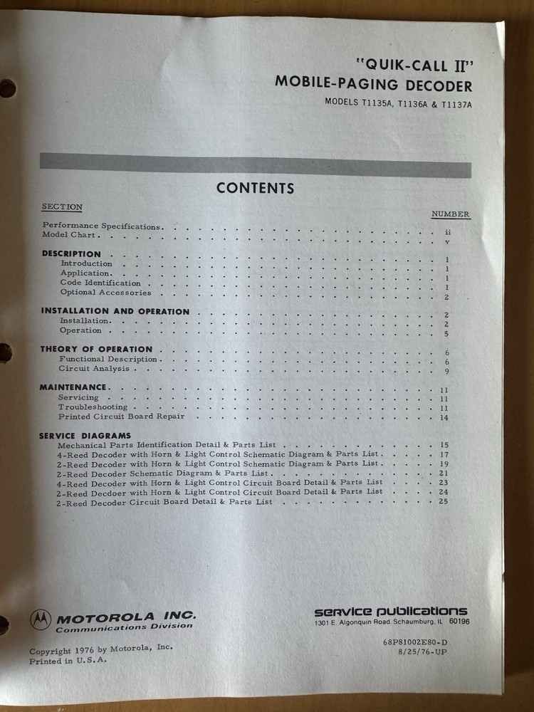 Motorola Quick-Call II Mobile Paging Decoder Instruction Manual 68P81002E80-D