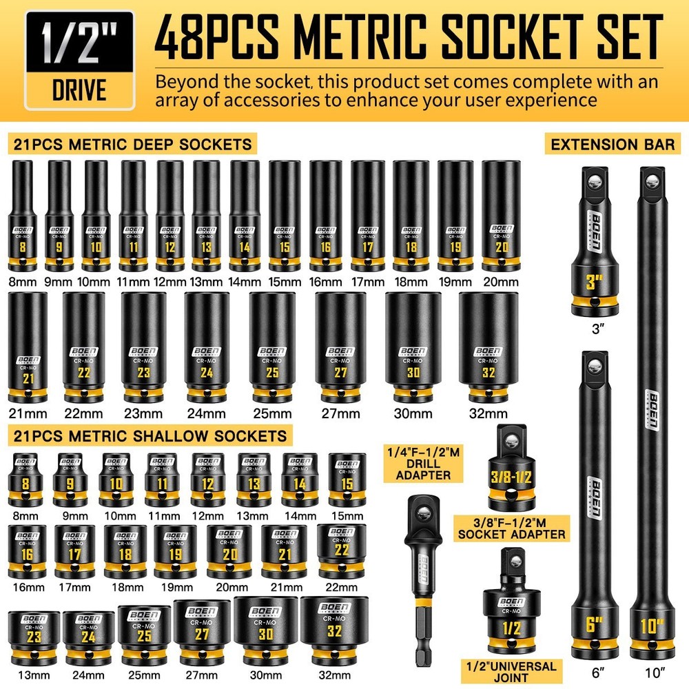 48PCS 1/2” Drive Metric Socket Set, Impact Deep&Shollow Socket(8mm-32mm)