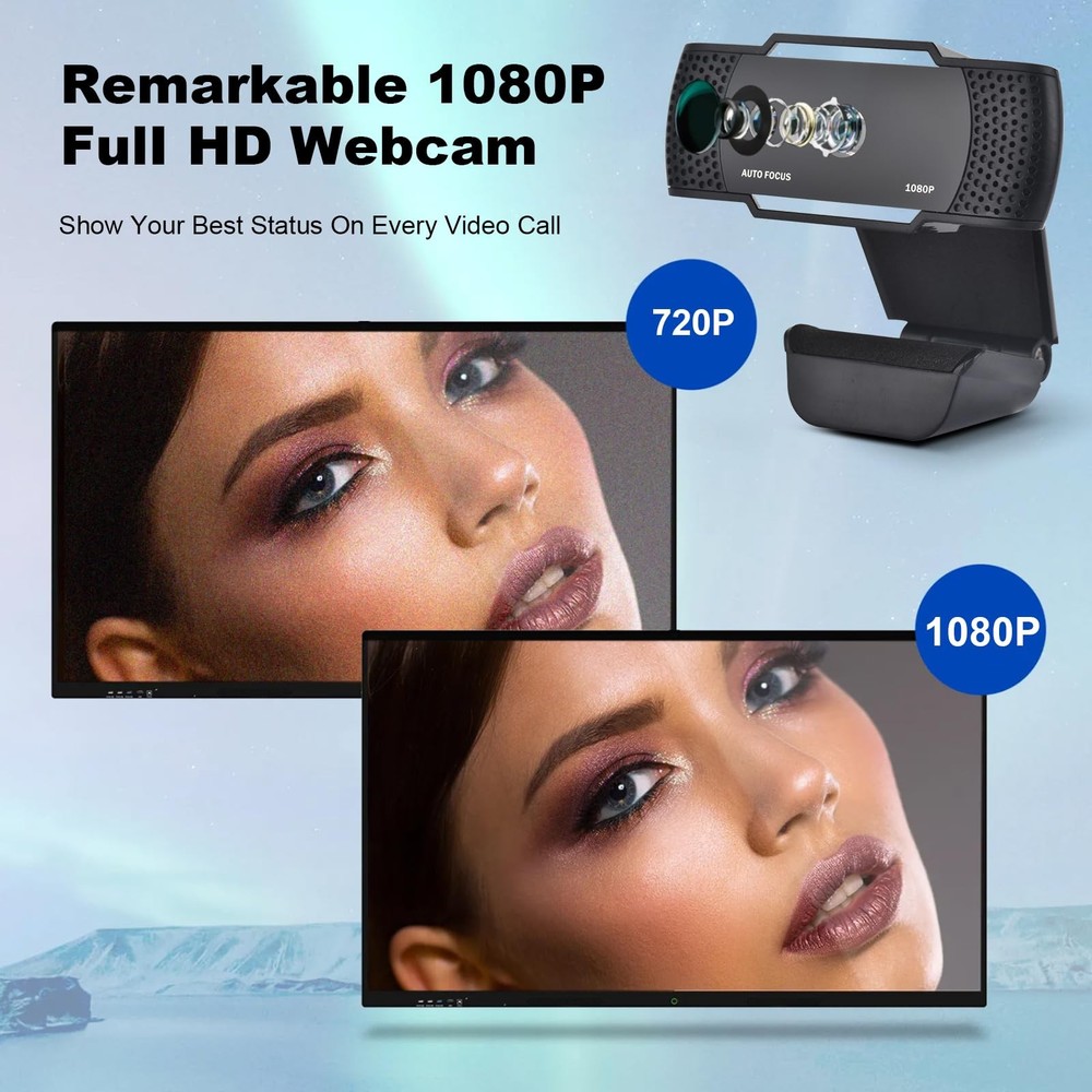 EACH AutoFocus Full HD Webcam 1080P with Privacy Shutter - Pro Web Camera with D