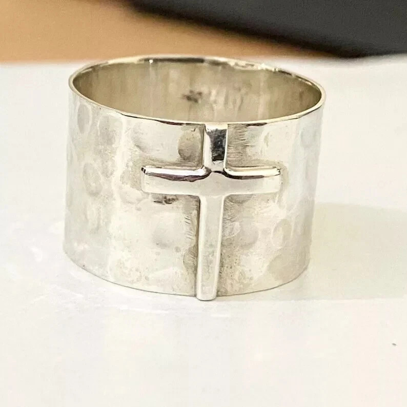 Cross Solid 925 Sterling Silver Wide Band Ring Statement Handmade Ring All Size