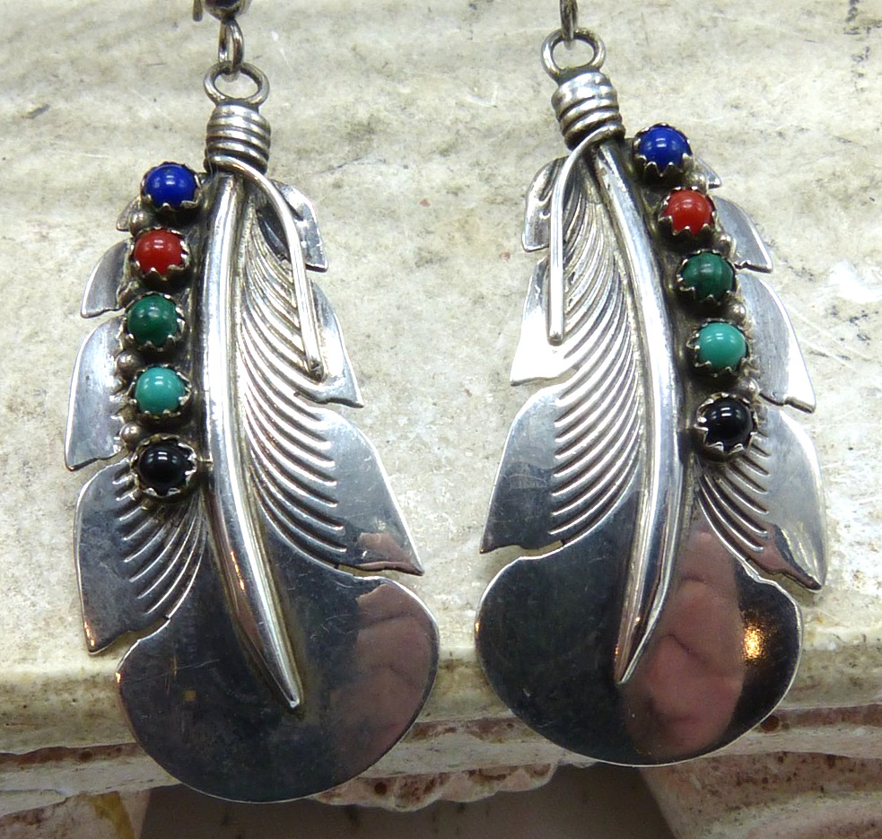 Vintage Navajo E Yazzie  Sterling Silver & Turquoise Large Feather Earrings