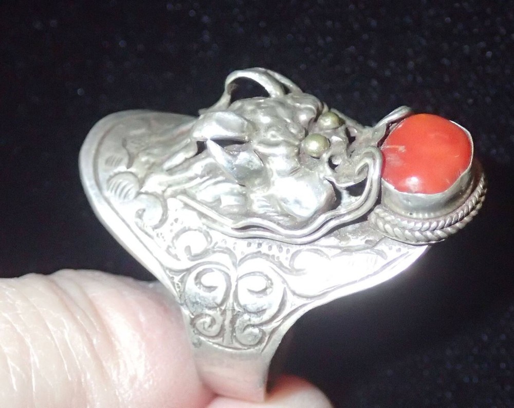 Sterling Silver Dragon with Amber Ring Sz 12.25
