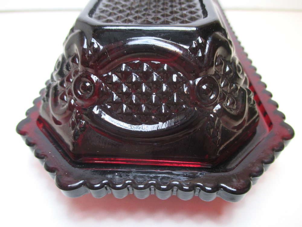 Vtg Avon 1876 Cape Cod Collection Ruby Red Covered Butter Dish w/ Original Box