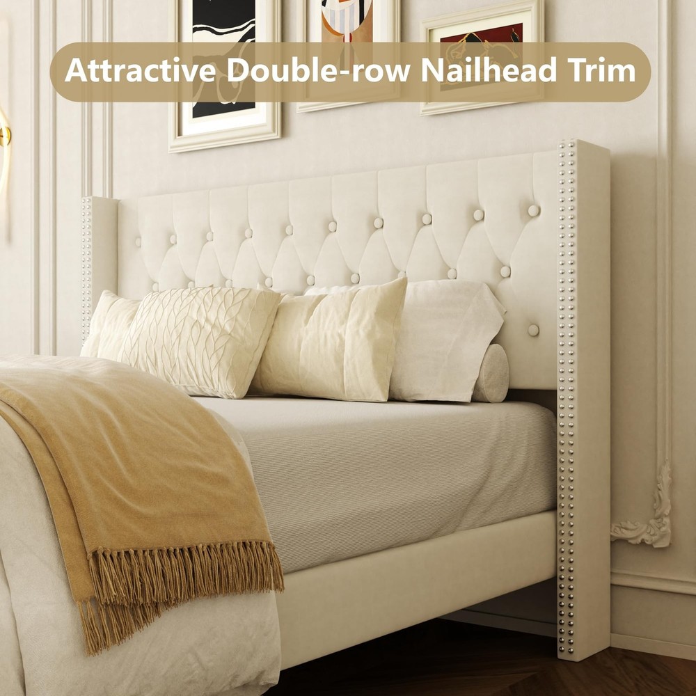 Queen Size Bed Frame, Upholstered Platform Bed with Wingback Headboard, Velve...