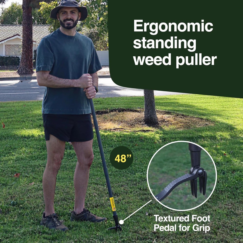Stand Up Weed Puller Tool, 4-Claw Steel Head, 48" Metal Handle